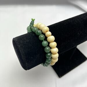 Green Jade Type Beaded Bracelet & Ivory Stone Bead Bracelet Stretch Lot of 2